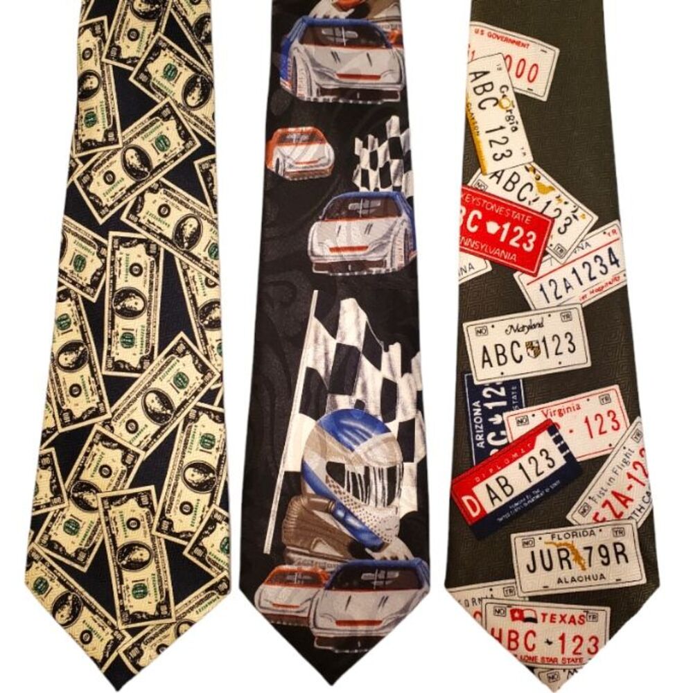 License Plates Money Racing Sports Ties #113 - Lot of 3 Novelty Neckties NWT